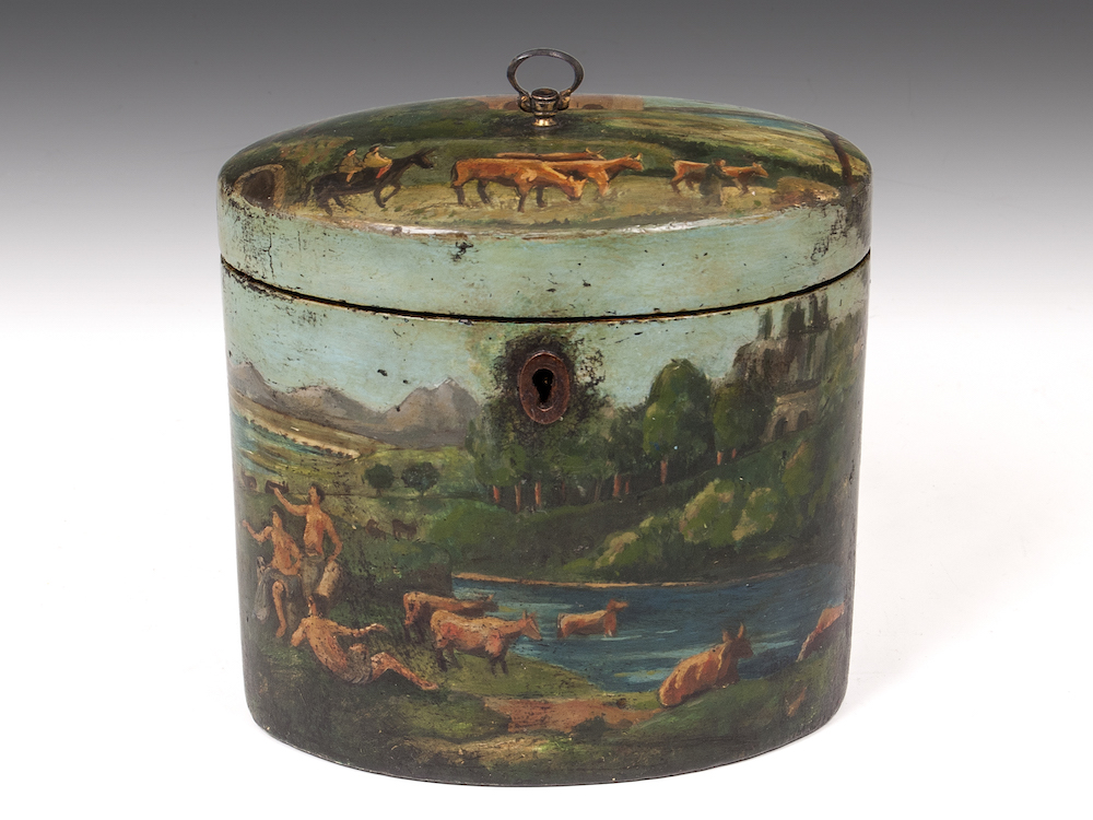 This charming painted papier-mâché tea caddy is priced at 5,500 pounds ($8,150) with Hamptons Antiques at the Cotswolds Art and Antiques Dealers’ Fair at Blenheim Palace.  Image courtesy of Cotswolds Art and Antiques Dealers’ Fair. 
